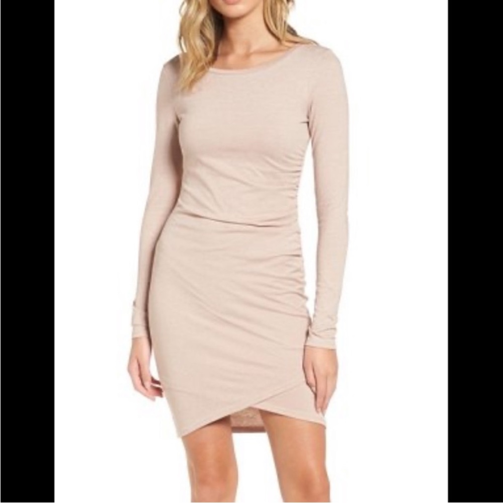Liéth Anthropologie Ruched Long Sleeve Bodycon Dress Neutral Asymmetrical Hem